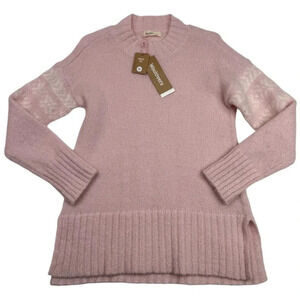 Woolovers Wool Mohair Ribbed FairIsle Sleeve Jumper Sweater Pink/Cream